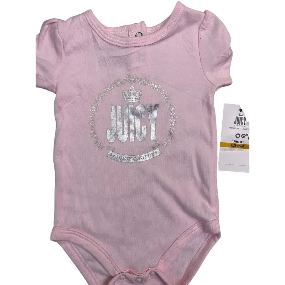 Juicy Couture Baby 2 Pc Outfit Set 0-3 Months Pink Logo Bodysuit Gray Pants NWT